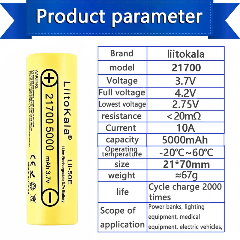Baterai Liitokala 21700 Lithium Lii-50E cas ulang 1