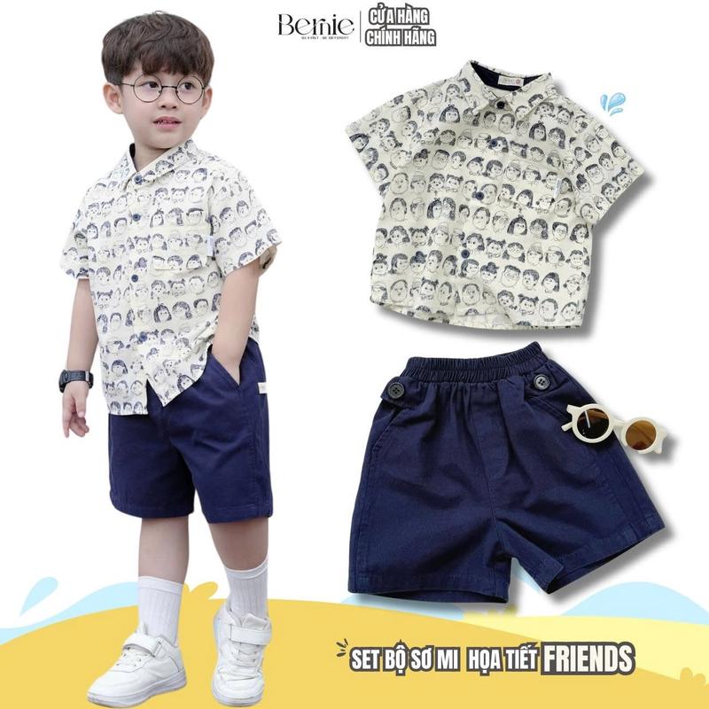 Set bộ sơ mi tay ngắn cho bé trai họa tiết my friend kèm quần short kaki 9 đến 28kg BERNIE H1124B64