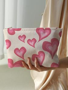 Bolsa de maquillaje de pana con patrón de corazones, de gran capacidad con cierre, bolsa para cosméticos, neceser para mujeres y niñas, bolsa multifuncional ligera, esenciales de viaje