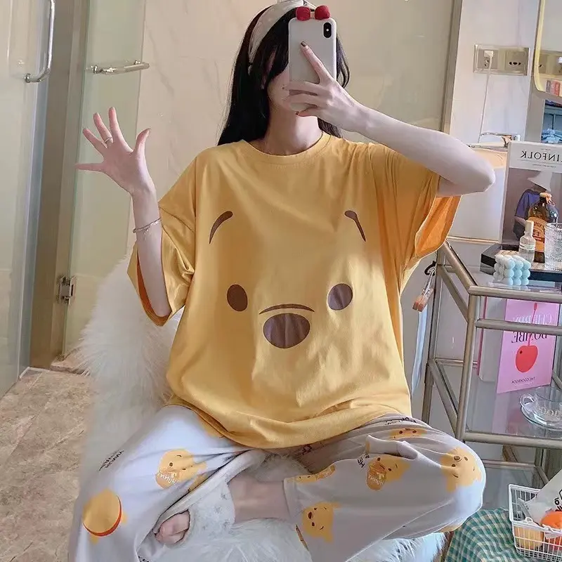 AKS Setelan baju tidur wanita dewasa model  lembut serap keringat bahan katun polyester lengan pendek panjang celana panjang set piyama remaja terbaru kekinian motif karakter animasi lucu ukuran jumbo fit to XXL cocok untuk santai harian PY005 PY012