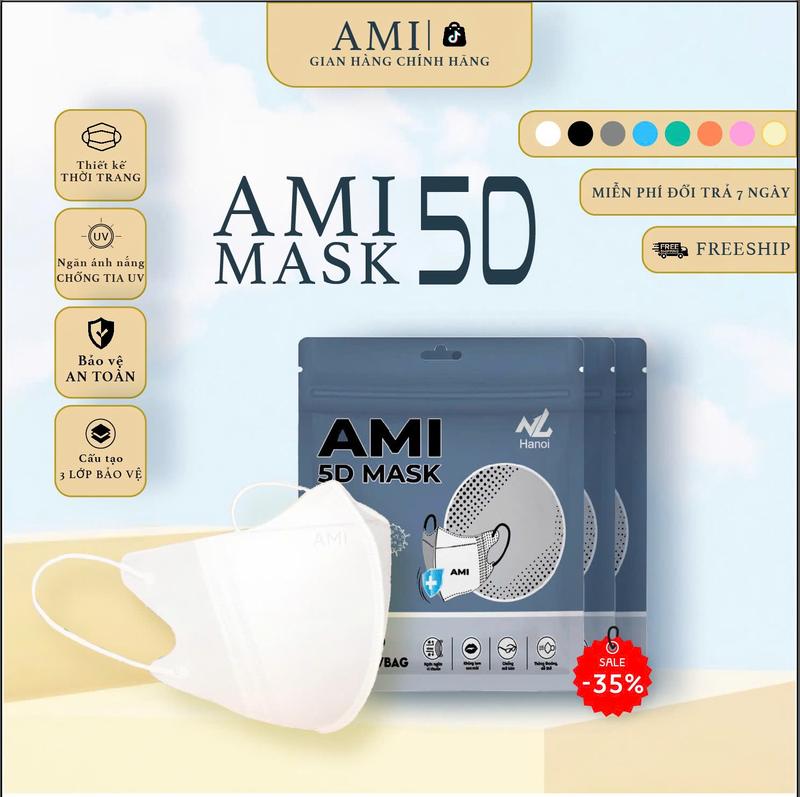 600 Chiếc Khẩu trang 5D AMI Tặng 20 Chiếc Khẩu Trang 6A Dành Cho Người Lớn 40 - 70 Kg 3 Lớp Ngăn Ngừa Bụi