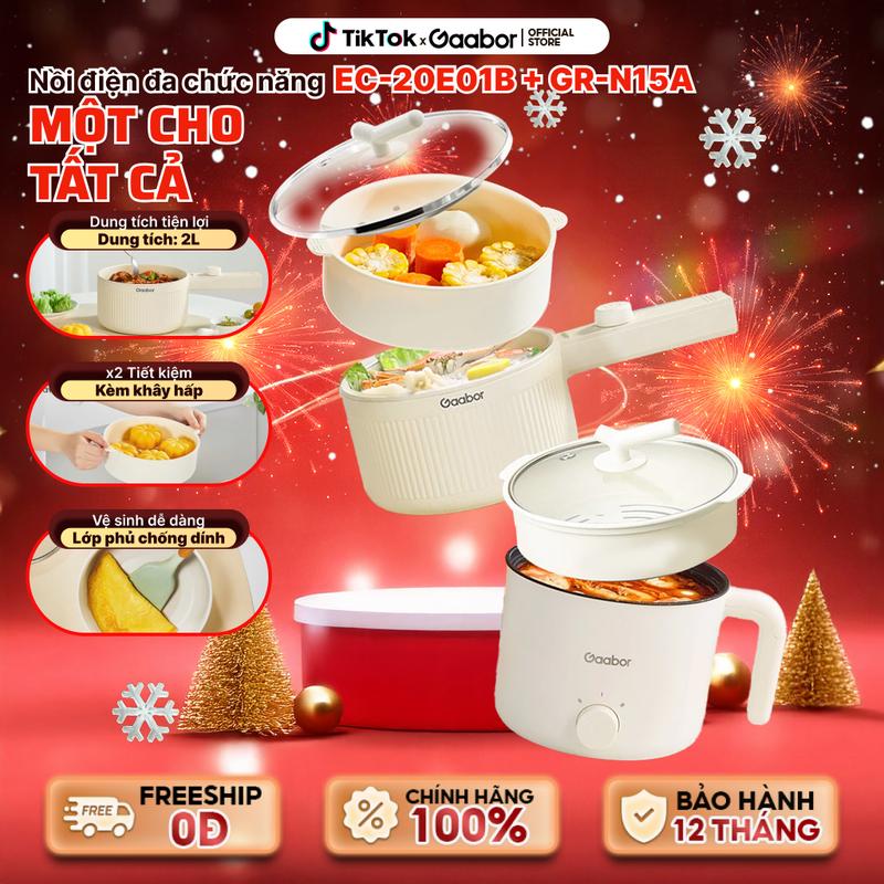 Nồi nấu điện đa năng Gaabor GR-N15A dung tích lớn 1.5 lít lòng nồi 1.3 lít EC-20E01B dung tích 2 lít lòng nồi 2 lít dùng cho 1 - 2 người chống dính teflon công suất 600w 2 mức nhiệt nồi lẩu điện nồi lẩu nấu