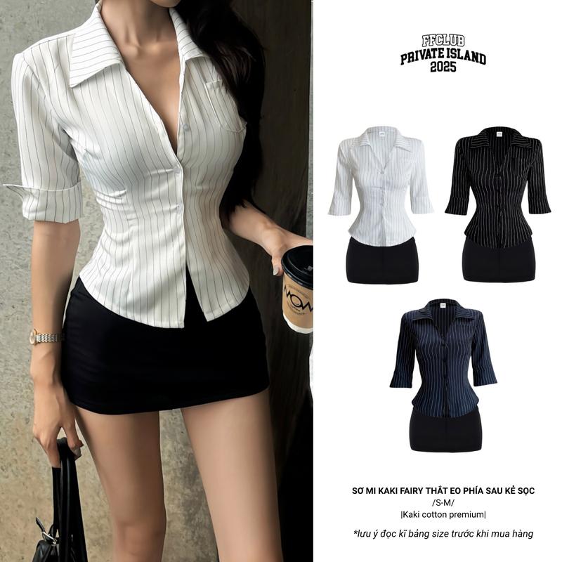 CÓ TÁCH SET ÁO SƠ MI KAKI FAIRY CÓ DÂY THẮT EO KẺ SỌC & CHÂN VÁY POLY 2 LỚP - FRIENDS FOREVER CHÍNH HÃNG