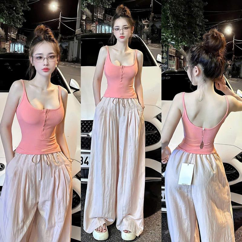 [DEAL MỞ BÁN] Set áo 2 dây ôm sát màu hồng phối quần ống rộng lụa màu hồng kem nữ tính