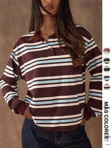 Camiseta de manga larga a rayas de bloque de color para mujer, moda otoño invierno, estilo vintage, ajustada, para uso exterior, para todas las estaciones
