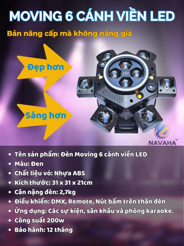 Đèn sân khấu moving 6 cánh 16 mắt viền led có 10 mắt led 4 mắt chớp 2 mắt laser 200W NAVAHA cảm biến âm thanh chớp theo nhạc phòng hát 7