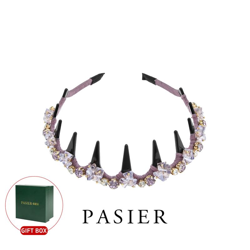  Băng đô cài tóc PASIER Queen kèm hộp quà tặng băng đô cài tóc cao có kẹp thiết kế lược răng trên trang trí bằng đá pha lê giống kim cương sáng bóng có 2 màu tím và xám phụ kiện tóc hàng ngày PHẢI CÓ 