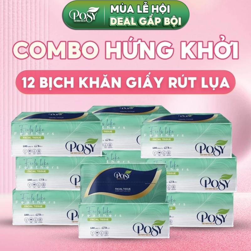   LIVE  S2 Posy -COMBO HỨNG KHỞI 12 Gói Khăn Giấy Rút Lụa 180 Tờ 3 Lớp Cao Cấp Không Mủn Mềm Mịn Thích Hợp Văn Phòng,Gia Đình 