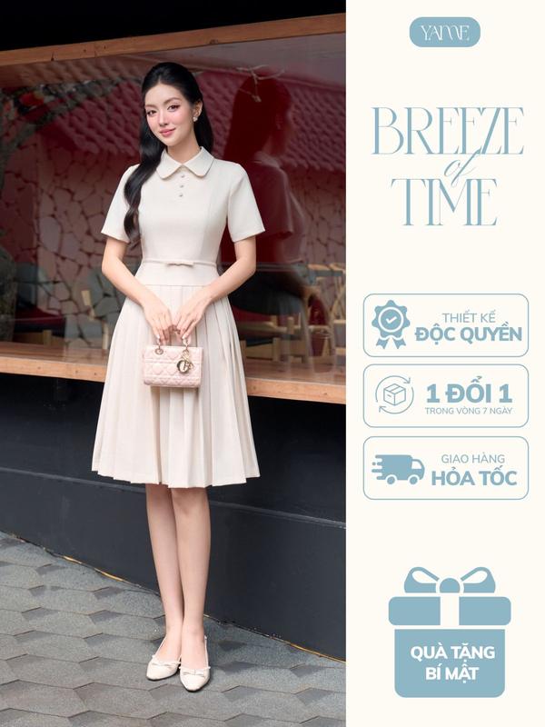  Váy Tiểu Thư Cổ Sen YAME Váy Thiết Kế Thắt Eo Đính Nơ Cổ Bẻ Chân Váy Xếp Ly Chất Liệu Linen Cao Cấp EVELYN YV710 