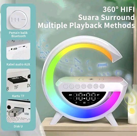 Speaker Bluetooth LED G-Lamp 360° dengan Alarm Clock dan Wireless Charger 10W Lampu Tidur RGB Berbagai Mode