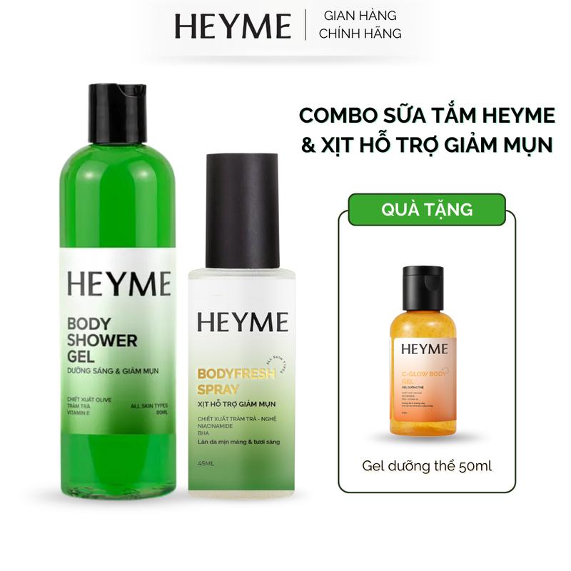 Combo Hỗ trợ mụn lưng nang lông HEYME - Sữa tắm Heyme và Xịt hỗ trợ giảm mụn chiết xuất Tràm Trà