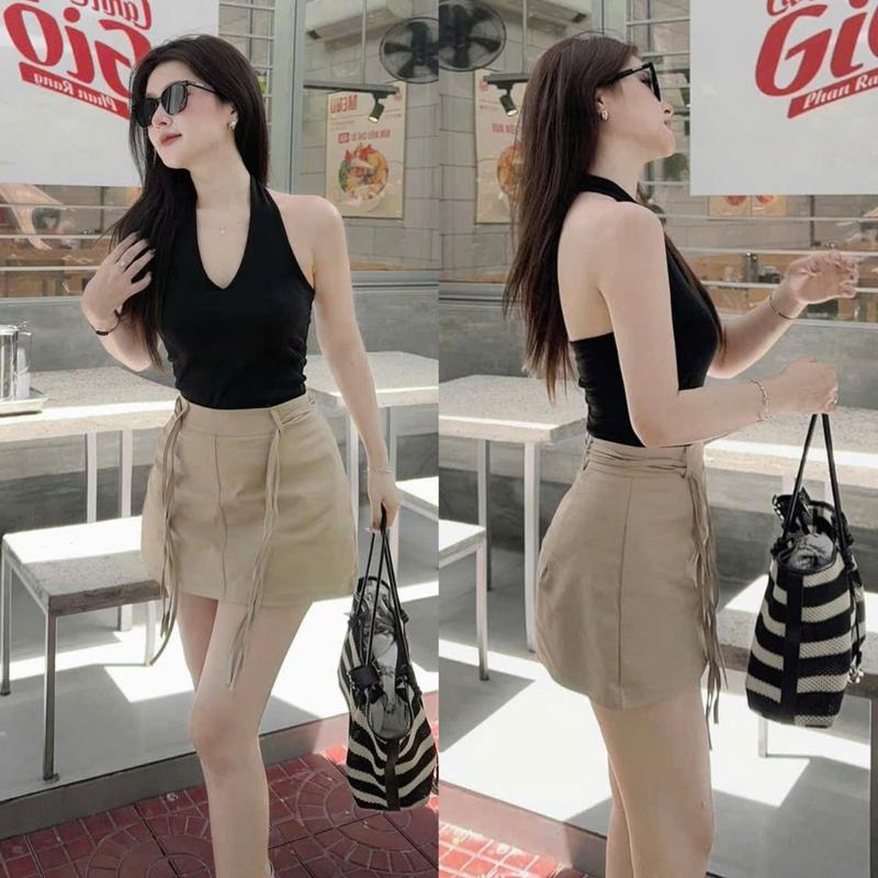 Set bộ nữ áo thun thiết kế cổ yếm cổ V mix chân váy kaki from ngắn dây thắt eo xinh xắn thanh lịch dành cho nàng di chơi,di tiệc.