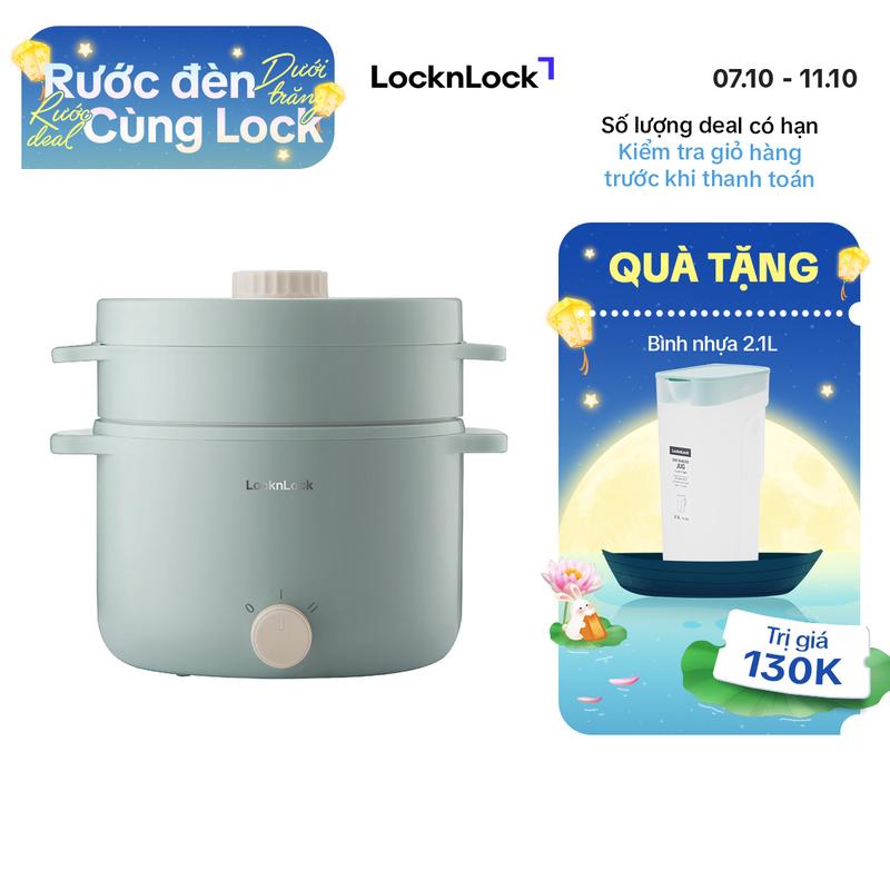 Nồi điện đa năng 2 tầng LocknLock Electric multi pot 2L- Màu mint EJP156MIT chống dính nấu cơm, nấu lẩu mì chiên hấp