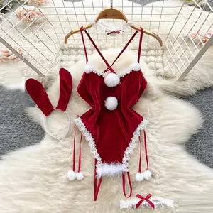 cosplay  Gadis Kelinci Beludru Trim Renda Dekorasi Pom-Pom yang Lucu   lingerie jumpsuit    Desain selangkangan terbuka