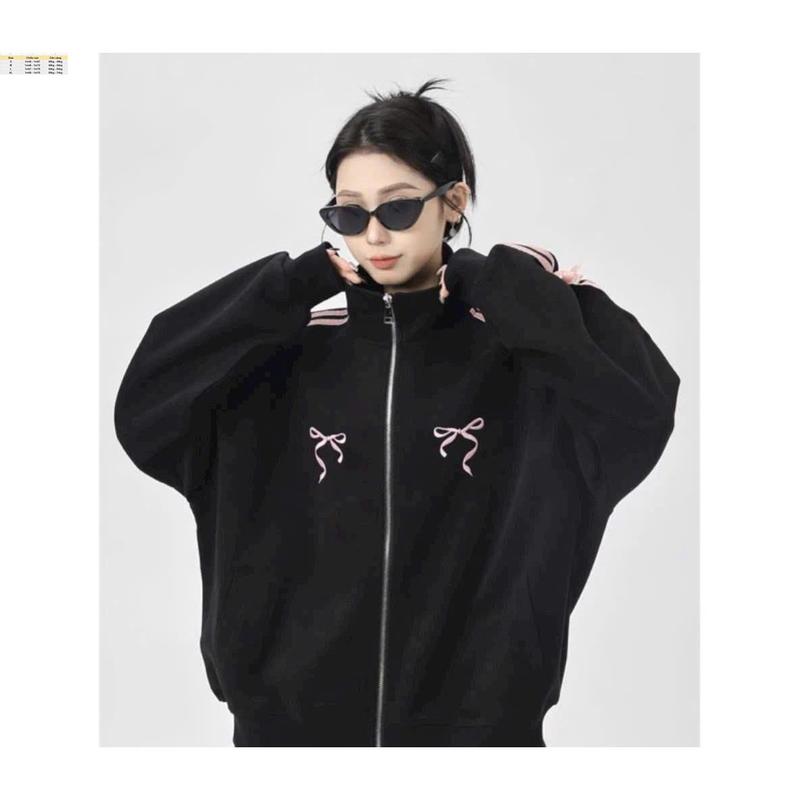 Áo Khoác Nữ Women Jacket Cổ Trụ Dây Kéo Form Rộng Đính Nơ Dễ Thương Top bán chạy 1