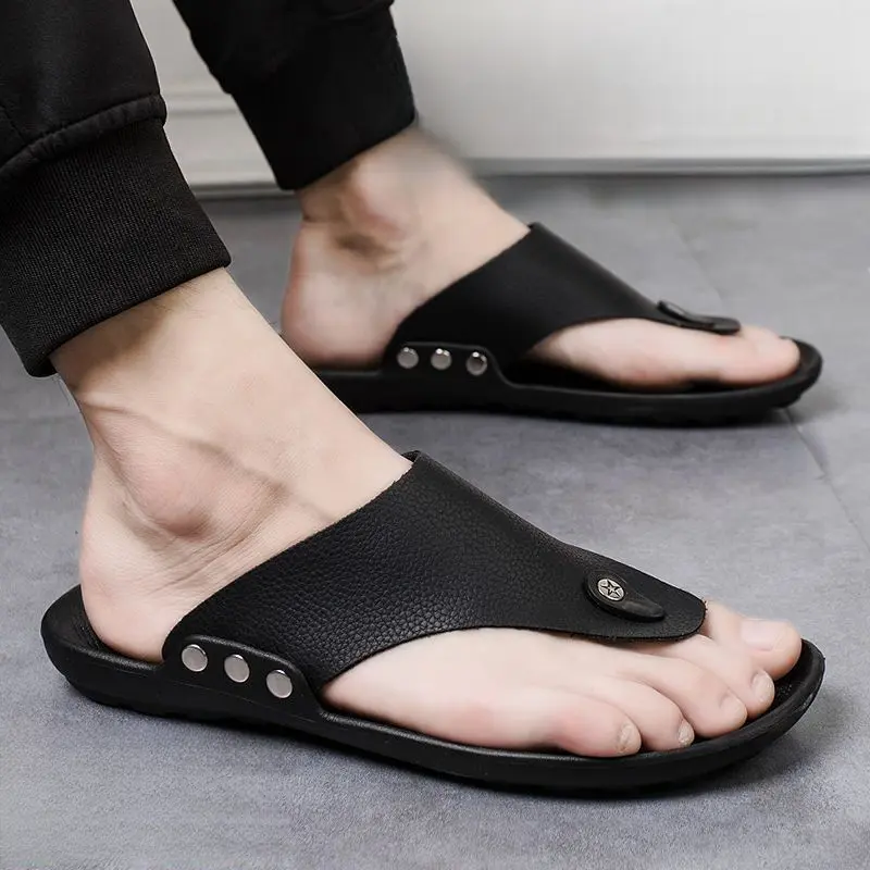 Flip flops men's flip flops top layer leather beach shoes home casual slippers