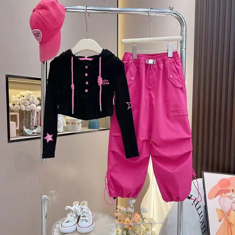 Setelan Anak Perempuan Import Jaket Tudung Star Tali Kancing Celana Joger Tali Serut Model Kekinian