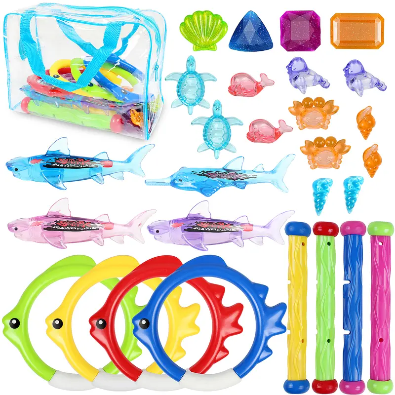 Underwater Diving Toys 28PCS Set, Kids Diving Gems Rings Sticks Torpedo Swimming Pool Toys with Carrying Bag 0