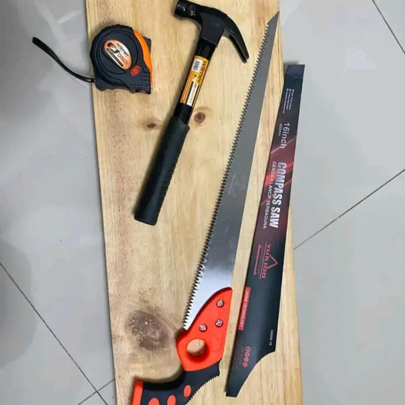 Paket Alat Tukang 3 item Gergaji Kayu Lancip 16inc Meteran 5 Meter dan Palu Gagang Besi 8oz 3