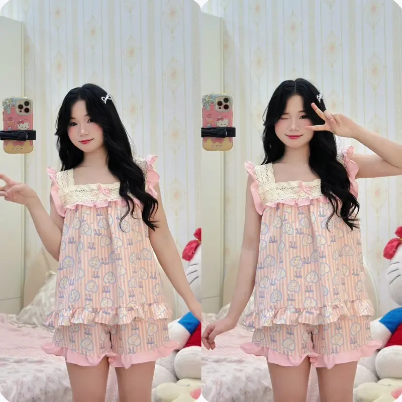 bộ pijama bộ ngủ nữ tiểu thư cổ vuông sát nách vải đũi mùa hè mặc đi ngủ mát mẻ thoải mái Women Quần Ngủ Áo Ngủ Cotton 0
