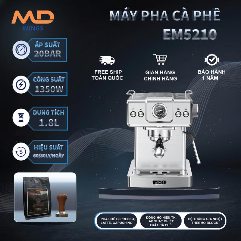 Máy pha cà phê Espresso MDWINGS EM5210 Tay cầm 51mm Áp lực 20 bar công suất 1350W dung tích 1,8 lít