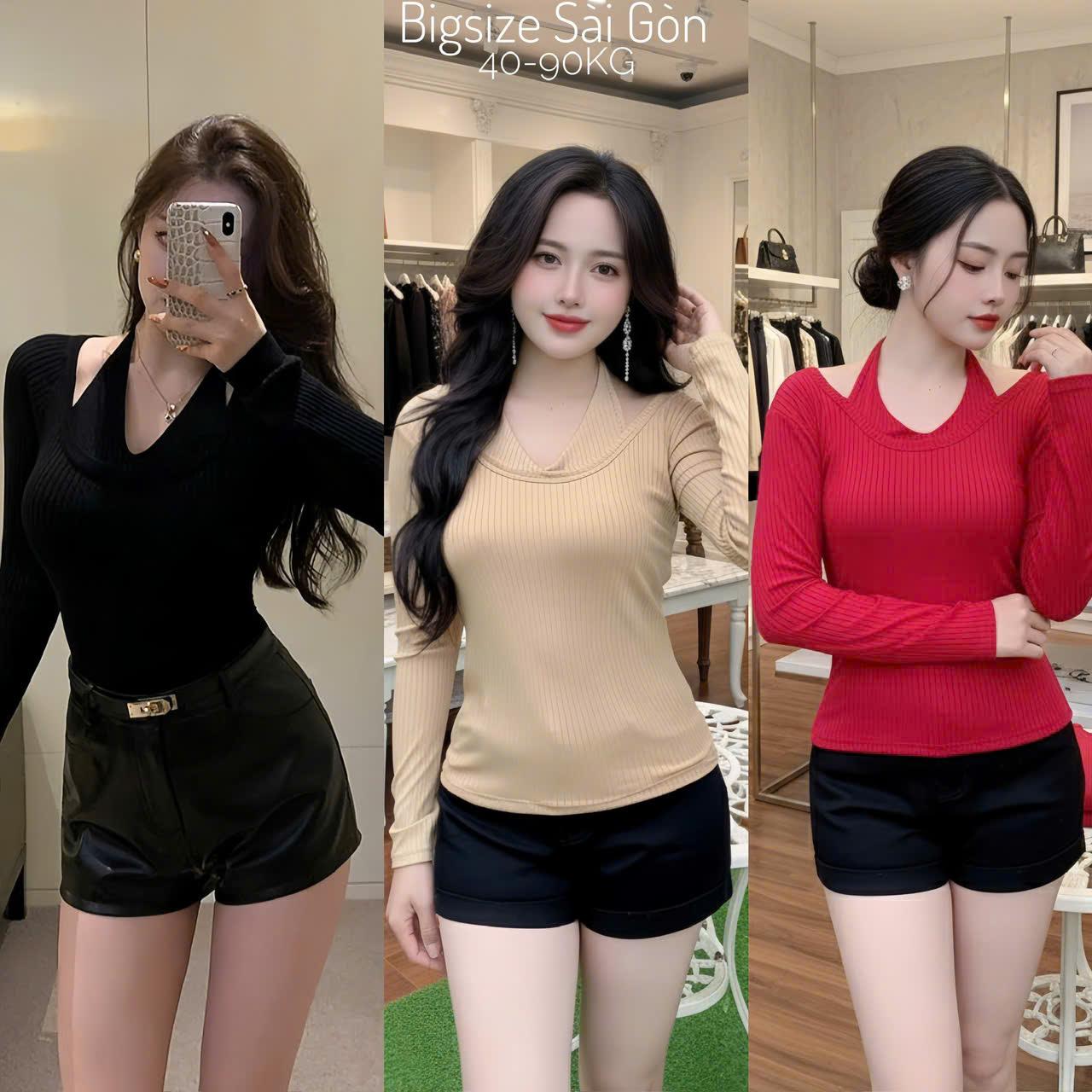Áo Thun Nữ Dài Tay Phối Cổ Yếm Cách Điệu Chất Thun Đũi lạnh Ôm Dáng Top Women Bigsize 40–90Kg – A.1647