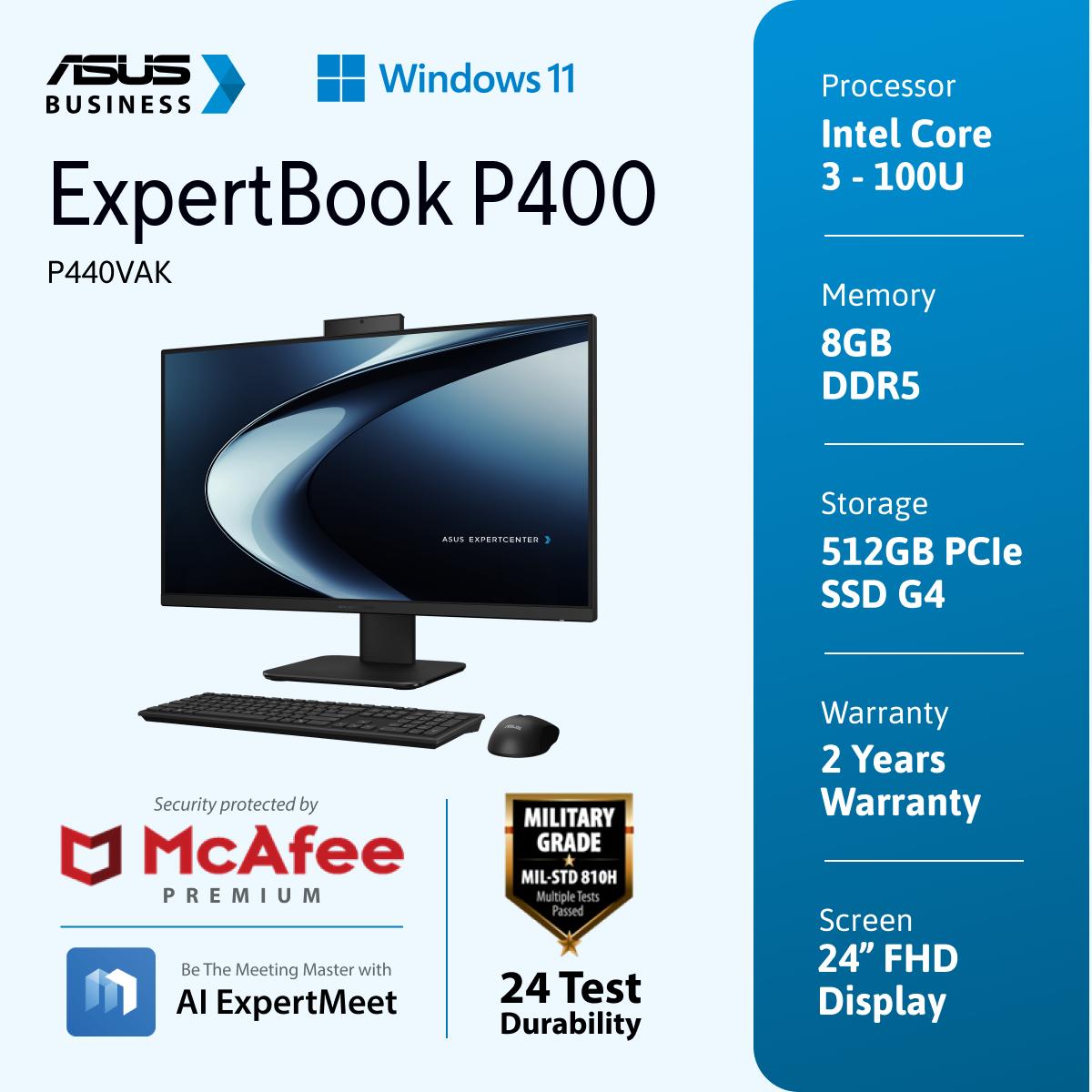 ASUS ExpertCenter P400 [P440VAK-B3852WS]23,8" FHD/3-100U/DDR5 8G/512G PCIe SSD G4/Win 11 Home +OHS'24+M365/2YOSS (1Y ADP)/Black  (TPM/WiFi 6/Wireless KB&MS/Mcfee)