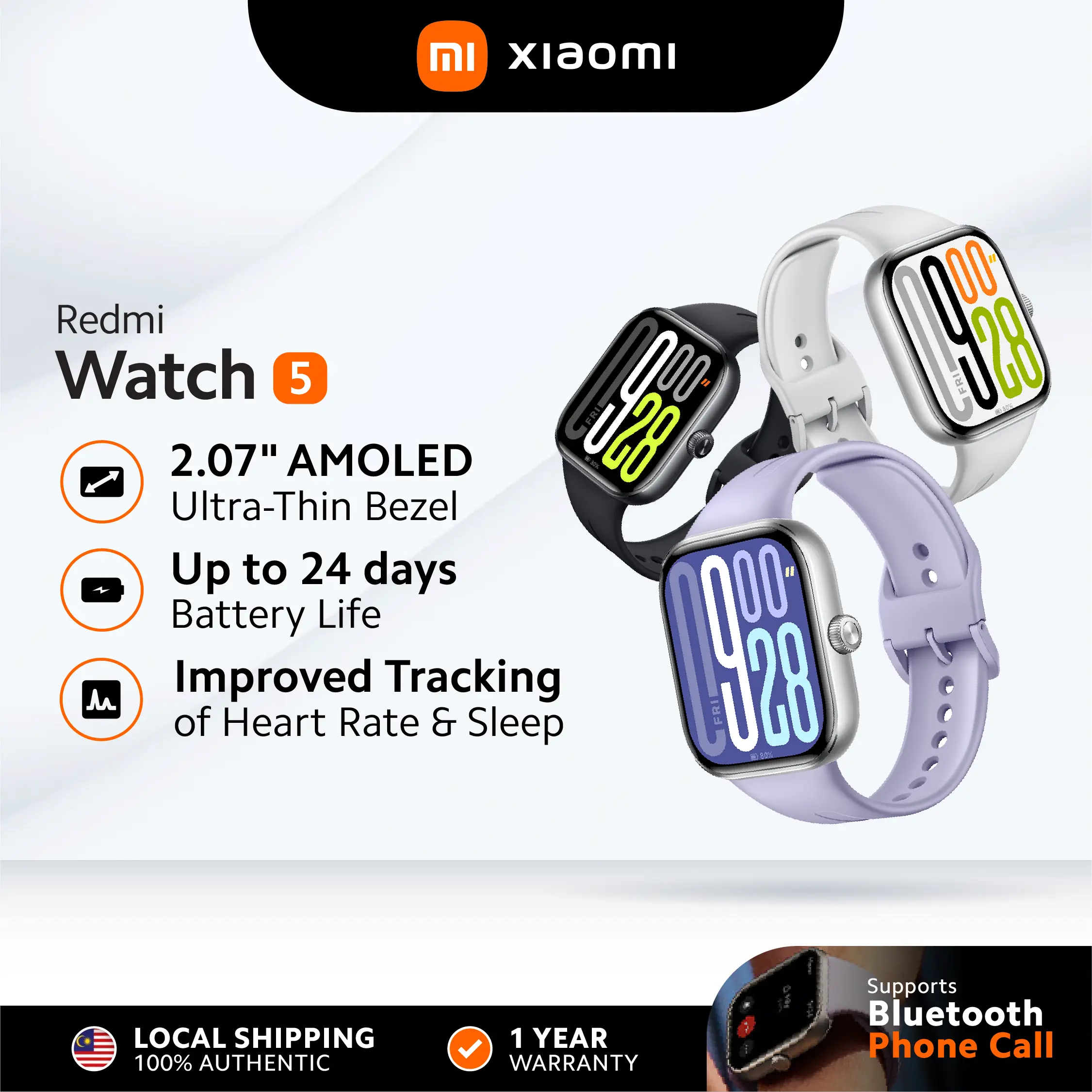 [NEW] Redmi Smart Watch 5 | Large AMOLED Screen | High Refresh Rate | Build-in GPS | Bluetooth Calls | Long Battery Life