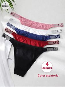 4 Piezas de Tangas de Color Aleatorio para Mujer, Ropa Interior Sexy con Letras y Pedrería, Bragas Elásticas Multipack S-XL