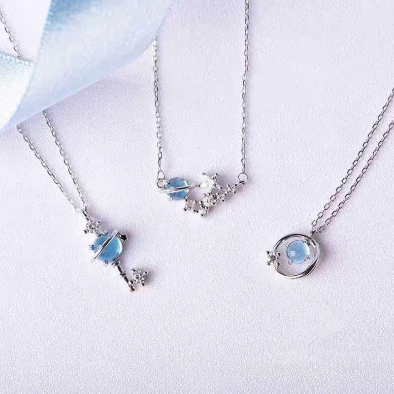 Vòng cổ thời trang  hình hành tinh xanh biển, trang trí pha lê hồng, vòng cổ ngôi sao mặt trăng, phong cách Hàn Quốc, mặt dây chuyền ngôi sao hành tinh mới, vòng cổ chìa khóa ngôi sao, nữ sinh màu hồng