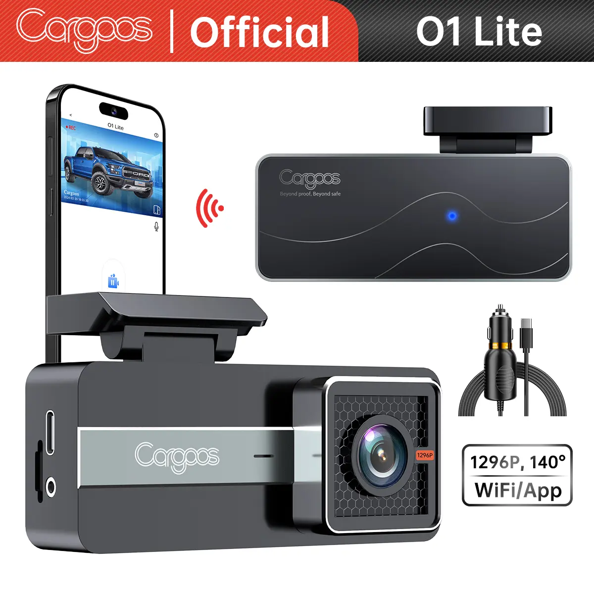 [WiFi] Cargoos O1 Lite 1296P Dash Cam Mobil Support WiFi Aplikasi G-Sensor Kamera Mobil Dashcam Kabel