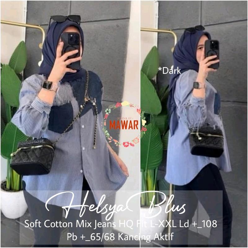 ATASAN WANITA MODIS HELSYA BLOUSE ORI SOLO BAHAN SOFT KATUN MIX JEANS LD 108 KANCING AKTIF Nyaman Panjang Muslim 0