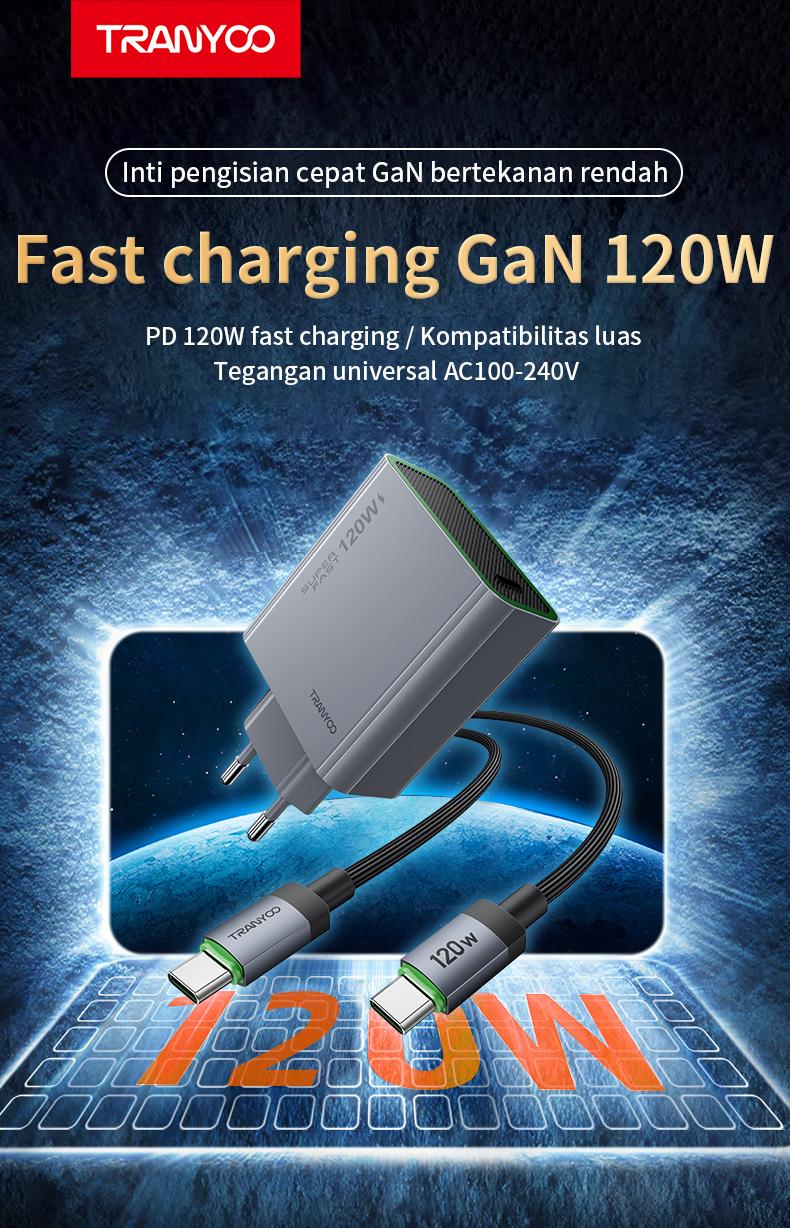 TRANYOO Charger HP GaN 120W Kabel Data Type-C Adaptor untuk Handphones Quick Charger Fast Charging PPS Support Cocok untuk Vivo OPPO Xiaomi HUAWEI realme iPhone Honor POCO Samsung Super Fast Charging Kompatibel Semua Merek Charger Data Cable Set T-EU8C TRANYOO Charger HP GaN 120W Kabel Data Type-C Adaptor untuk Handphones Quick Charger Fast Charging PPS Support Cocok untuk Vivo OPPO Xiaomi HUAWEI realme iPhone Honor POCO Samsung Super Fast Charging Kompatibel Semua Merek Charger Data Cable Set T-EU8C