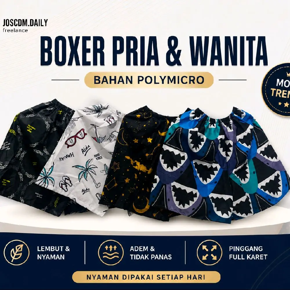 JOSCDM.DAILY Boxer Pria & Wanita Bahan Polymicro Lembut Nyaman Adem Tidak Panas Pinggang Full Karet Nyaman Dipakai Setiap Hari