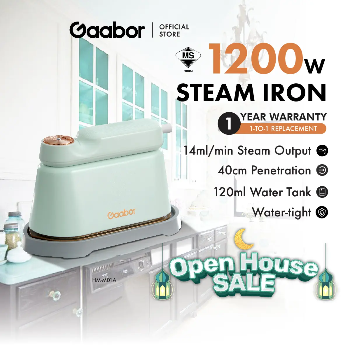 【READY STOCK】Gaabor 1200W Exquisite Electric Iron Steamer Wet & Dry Iron Flexible Switching Handle Stable Temperature 120ML Water Tank HM-M01A