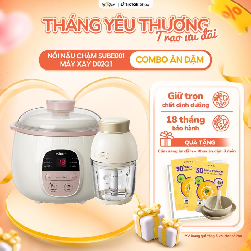 [Tặng Cẩm nang ăn dặm] Combo Nồi Nấu Chậm BEAR Nồi Nấu Cháo Cho Bé Nồi Chưng Yến 0,8L SUBE001 và Máy Xay Ăn Dặm Cầm Tay D02Q1 Mini 6 Lưỡi Dao Sắc Bén Chính Hãng
