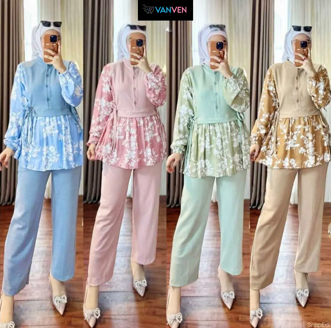 VANVEN - Sheena One Set Knit Premium Kombinasi Crinkle Airflow Motif LD 120 Setelan Celana Kulot Wanita Viral Baju Muslim