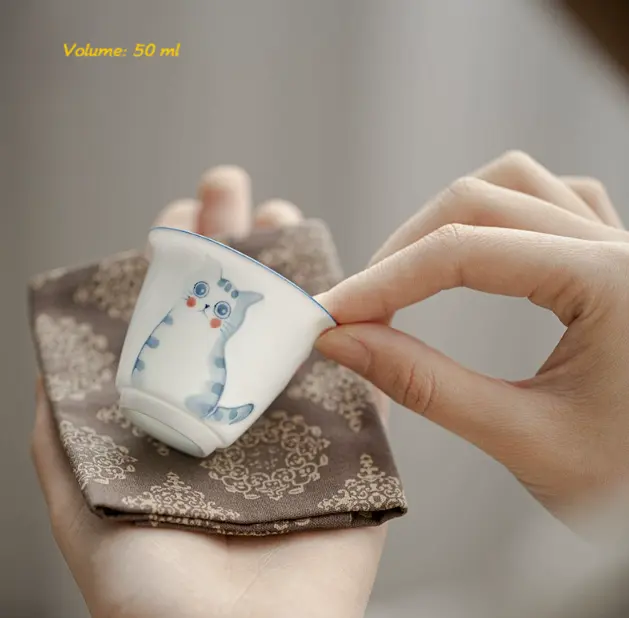 First-class white porcelain tea cup,kongfu tea set,hand-painted cat graph mini cup,home drinkware healing sweet kitty pet,tea time family friends gathering