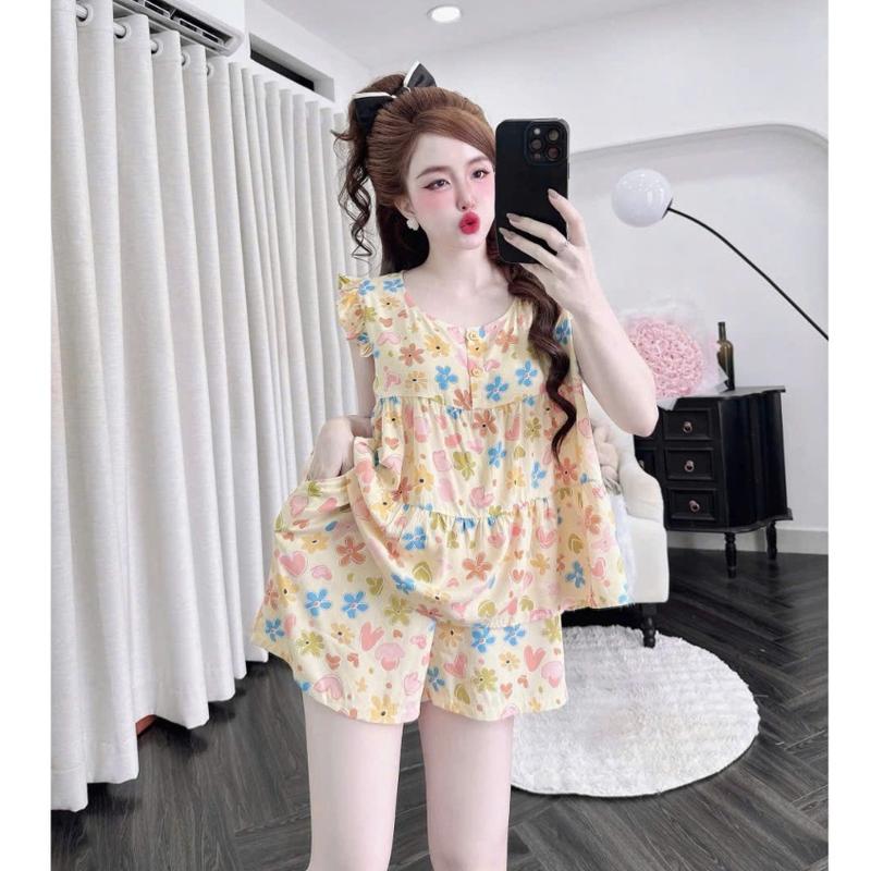 Đồ bộ Lanh tole nữ tay ngắn, bộ nữ mặc nhà cộc đùi hoạ tiết dáng áo baby doll