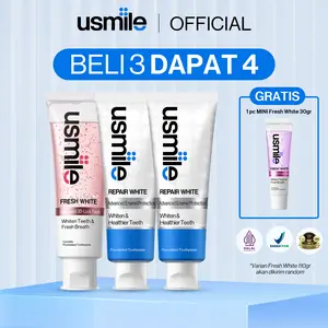 [BELI 3 DAPAT 4] [Buat Gigi Sensitif] usmile Pasta Gigi Fresh White 110gr (Varian Random) + Pasta Gigi Repair White 2x100gr + Pasta Gigi Fresh White 30gr | Pemutih Gigi | Pasta Gigi Whitening | Nafas Segar | Gigi Sensitif | Menghilangkan Karang Gigi