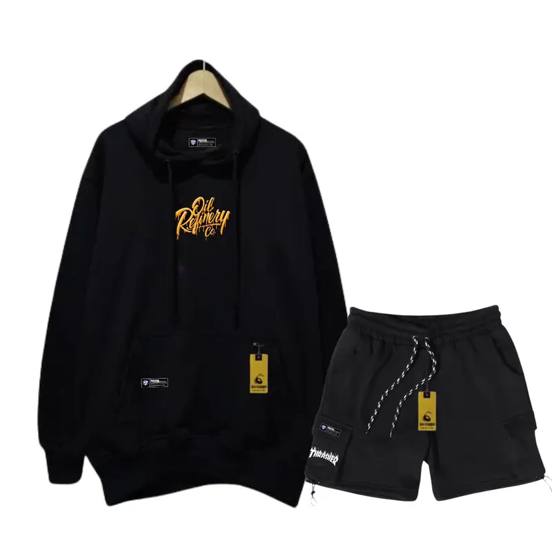 Oneset Hoodie Celana Pendek Pria Wanita Distro Stelan Sweater Celana Cargo Bahan Flece Brend Puster Apparel Size M L XL XXL Dewasa Hitam Setelan Polos Unisex Katun Crewneck 1