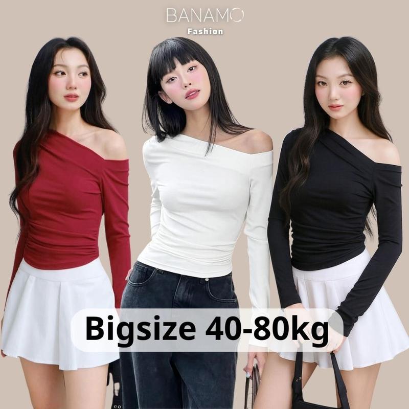  Áo nữ BIGSIZE Banamo Fashion áo thun lệch vai nhún eo cá tính năng động 3111 