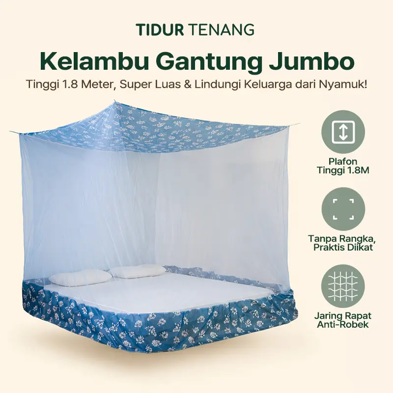 Kelambu Nyamuk Gantung Kotak Tinggi 1.8m Super Jumbo (3 Meter) Tersedia 3 Ukuran Mewah Anti Nyamuk DBD