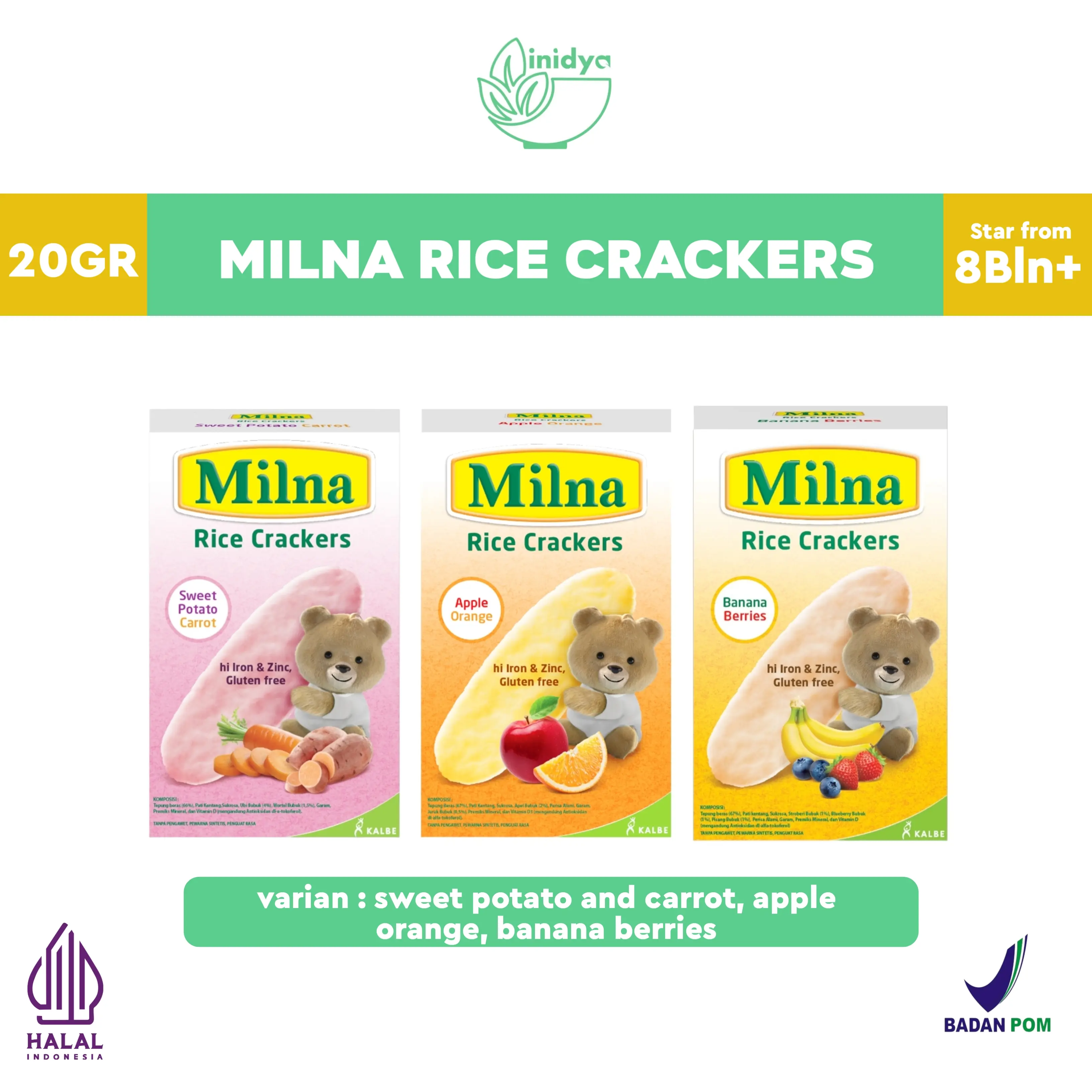 MILNA Rice Crackers 20gr | Krakers Beras | Cemilan Mpasi Bayi | Snack Mpasi 8 bulan Rasa Banana, Sweet Potato, Apple