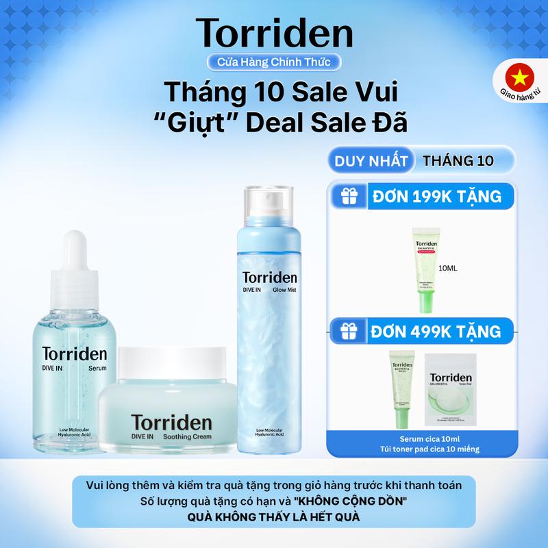[Torriden Chính Hãng] Set Best Seller Mở Rộng Serum HA Kem gel dưỡng HA Xịt khoáng dưỡng HA 5D Hyaluronic Acid phân tử nhỏ cấp ẩm làm mát dịu da DIVE IN Serum 50ml Soothing Cream 100ml Glow Mist 120ml