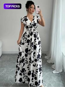 Vestido de verano elegante para mujer, cuello en V, corte A-line con manga murciélago, estampado floral, moda casual, perfecto para uso diario y ocasiones especiales