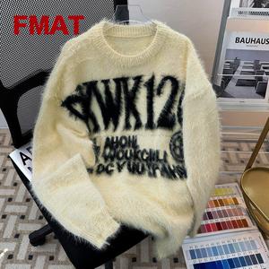 FMAT メンズセーター 秋冬 アメリカンレトロレタージャカード フェイクミンク カシミア ラウンドネック ルーズニットセーター