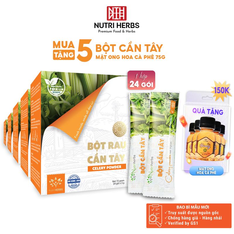 Combo 5 Hộp Bột Rau Cần Tây Nutri HERBS Nguyên Chất Không Đường - Hộp 24 gói x 3 gram