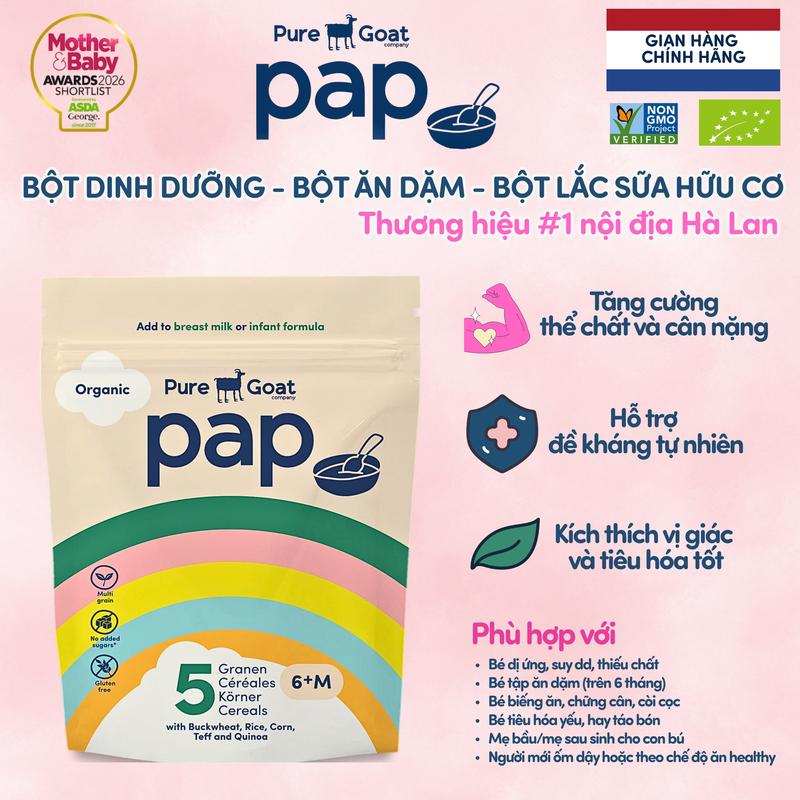 PAP Pure Goat - Bột Ăn dặm / Cháo Dinh Dưỡng - Bột Lắc Hữu Cơ 5 Loại Ngũ Cốc Cổ Quý Hiếm, Công Thức Tiên Phong Phù Hợp Cho Bé Chững Câ-nn, Nhẹ Dịu Với Bé Dị-Ứng , Không Gluten, Không Đường Tinh Luyện, Không Phụ Gia, Chứng Nhận Hữu Cơ Châu Âu