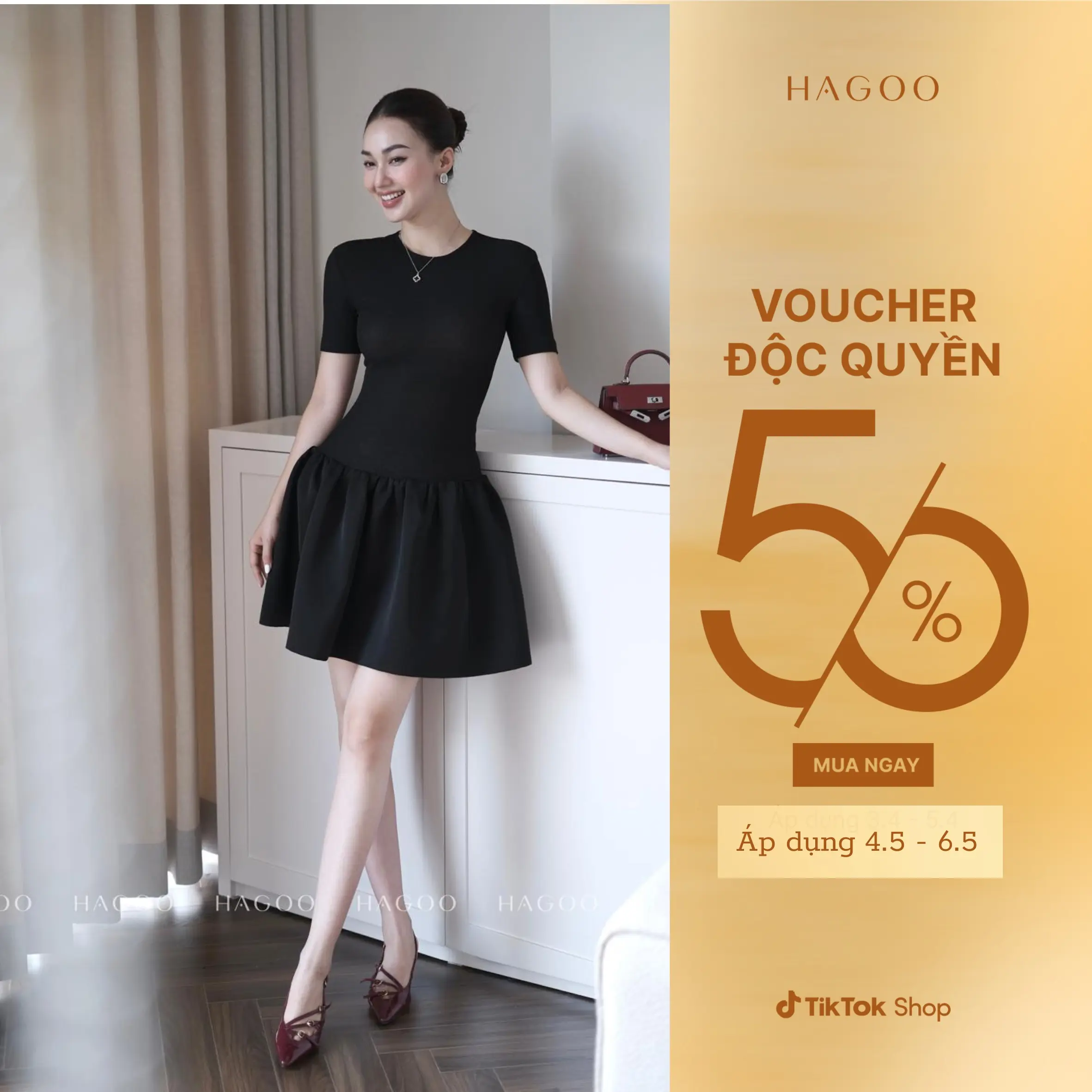 HAGOO Váy xoè thun dáng ngắn cổ tròn phối tafta lụa phong cách hiện đại Nữ Women Dress Đen [V387-S]